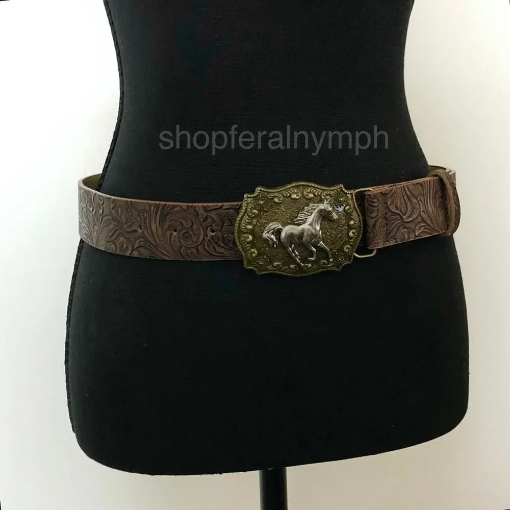 Vintage Ornate Western Brown Faux Leather Belt, Fits 28.5–39 Inches, X7GA1213